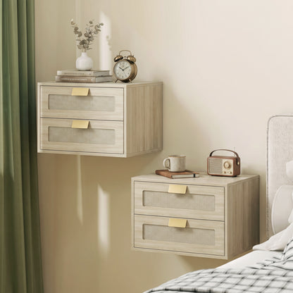 Modern Floating Nightstands Set of 2,  2 Drawers Bedside Tables, Oak