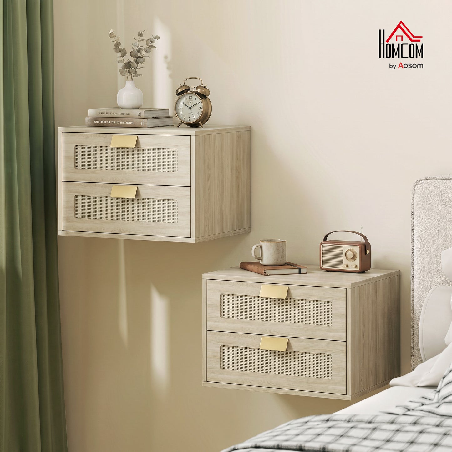 Modern Floating Nightstands Set of 2,  2 Drawers Bedside Tables, Oak