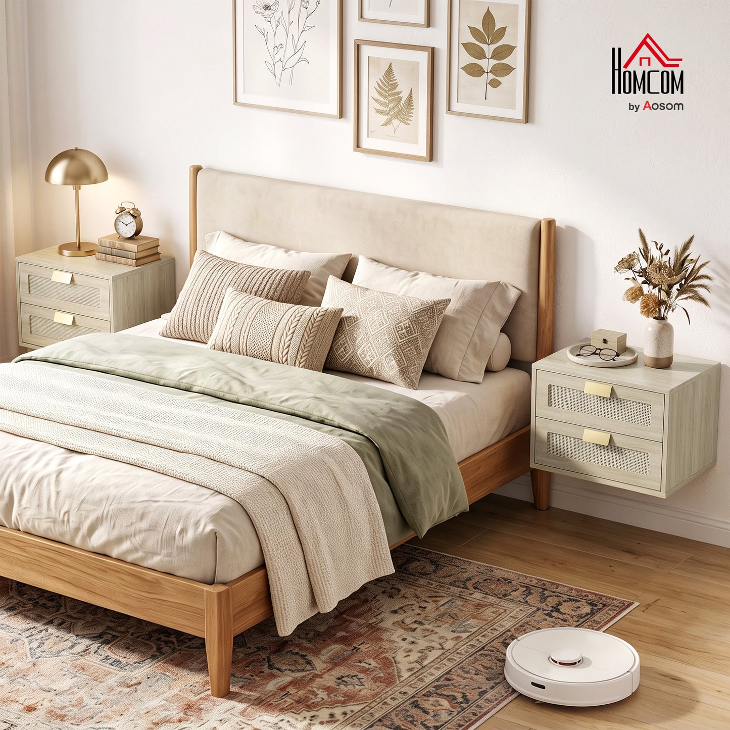 Modern Floating Nightstands Set of 2,  2 Drawers Bedside Tables, Oak