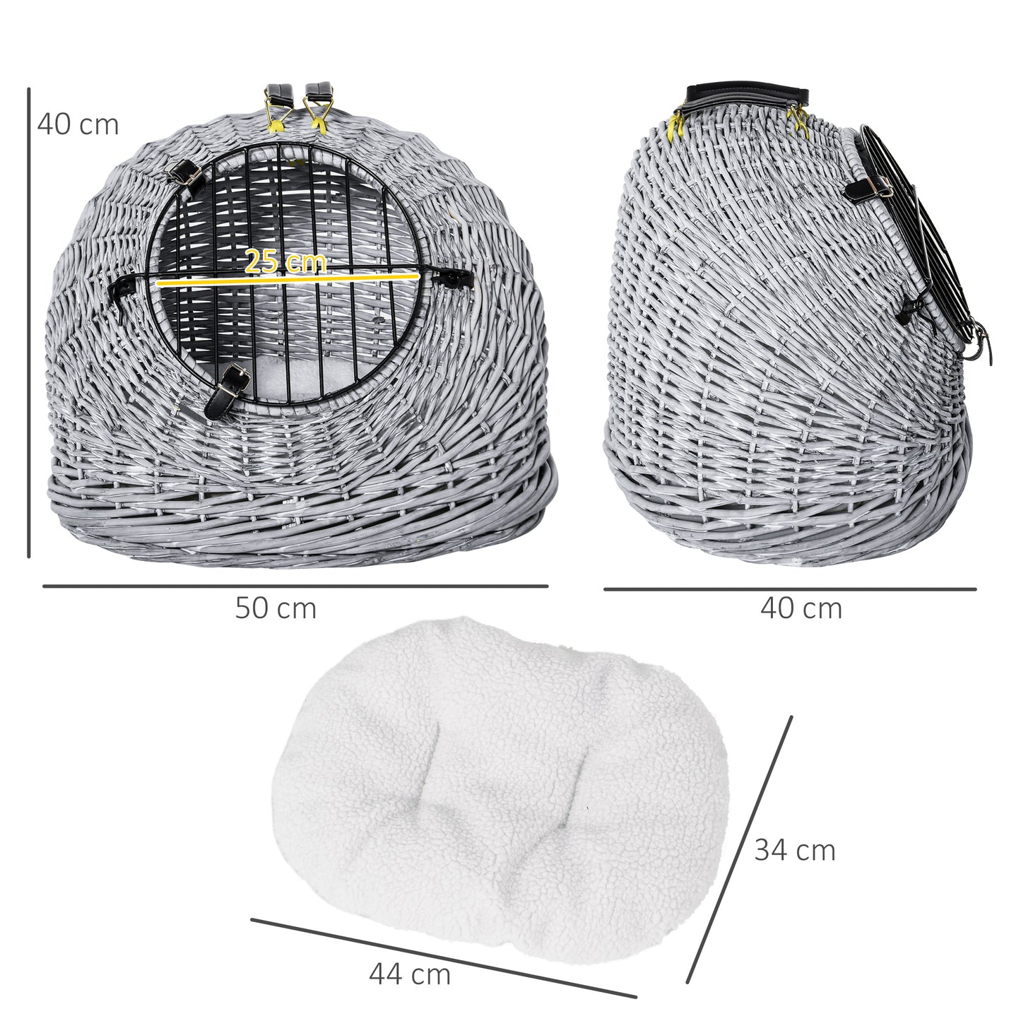 Cats Wicker Travel Carrier Basket w/ Plush Cushion Grey