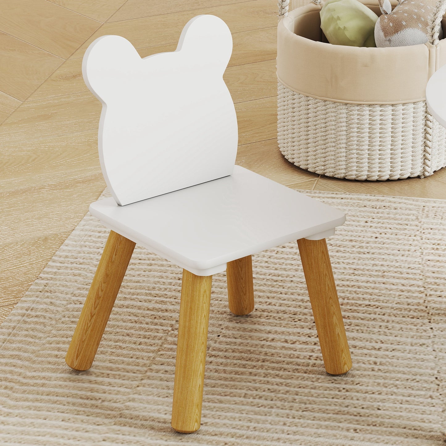 3 Pieces Toddler Table and Chair Set with Centre Mesh Bag, Kids Activity Table Set with Bear-Shaped Backrest, for Arts and Crafts, Reading, Dining, Ages 3-6 Years, White