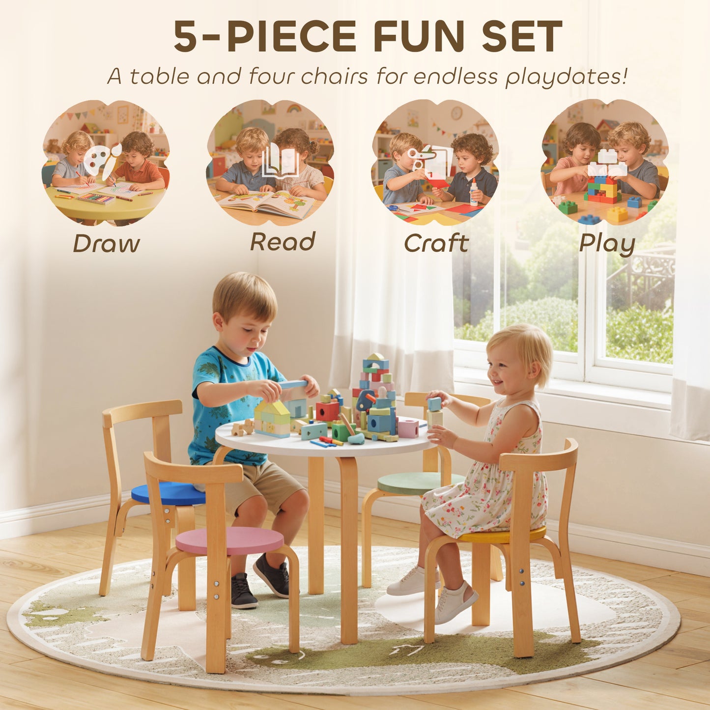 5 Piece Kids Table and Chairs Set Wood for 3-8 Years for Art Crafts