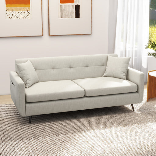 165cm 2 Seater Sofa for Living Room, Modern Fabric Couch, Tufted Loveseat Sofa Settee w/ Steel Legs, 2 Storage Pockets, Beige