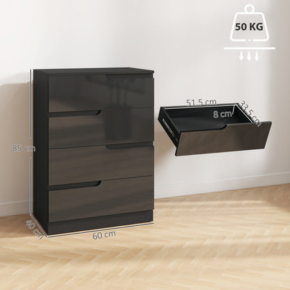 Modern Dresser with 4 Drawers, Chest of Drawers for Bedroom, Living Room, 60 x 40 x 85cm, High Gloss Black