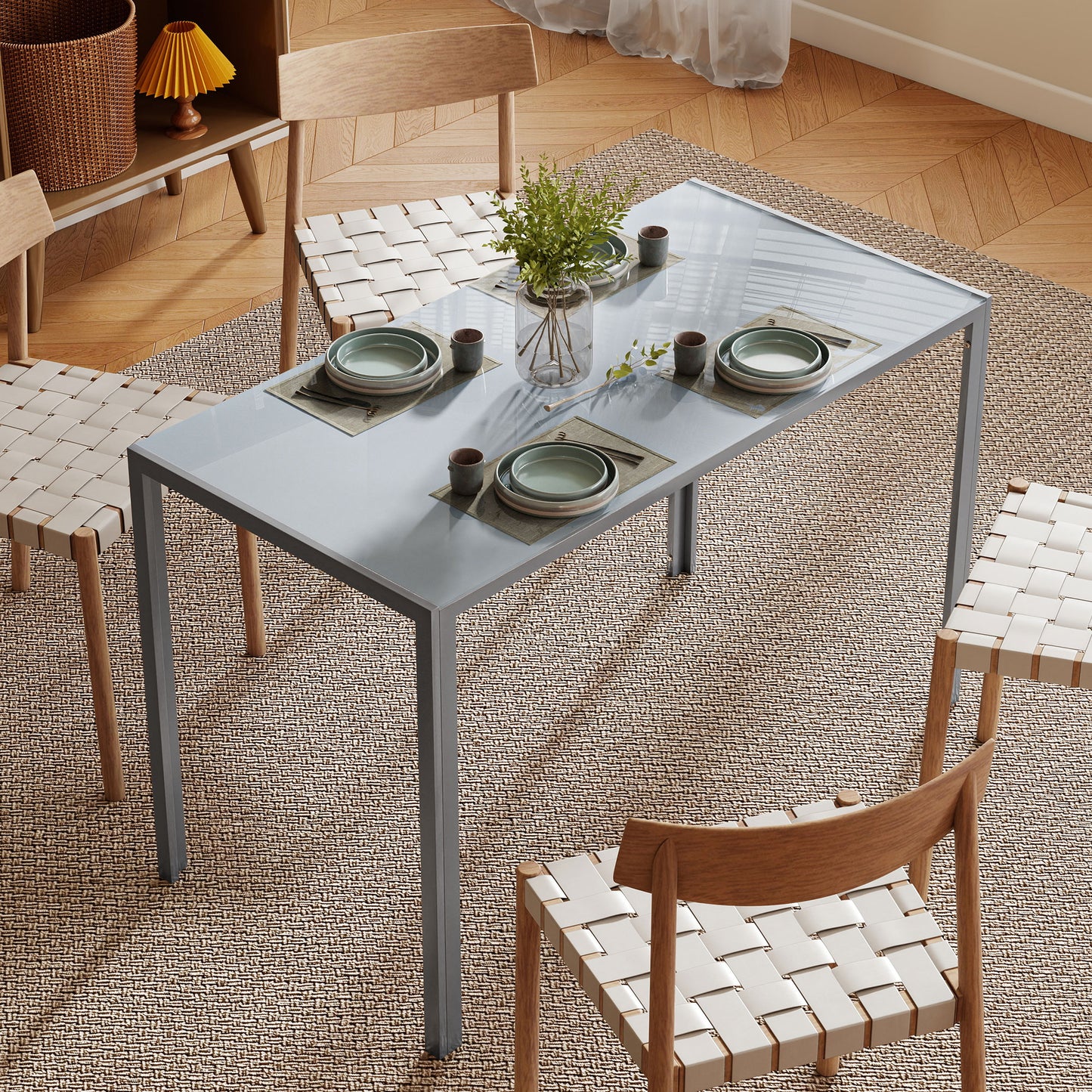Modern Rectangular 4 Seater Dining Table with Tempered Glass Top