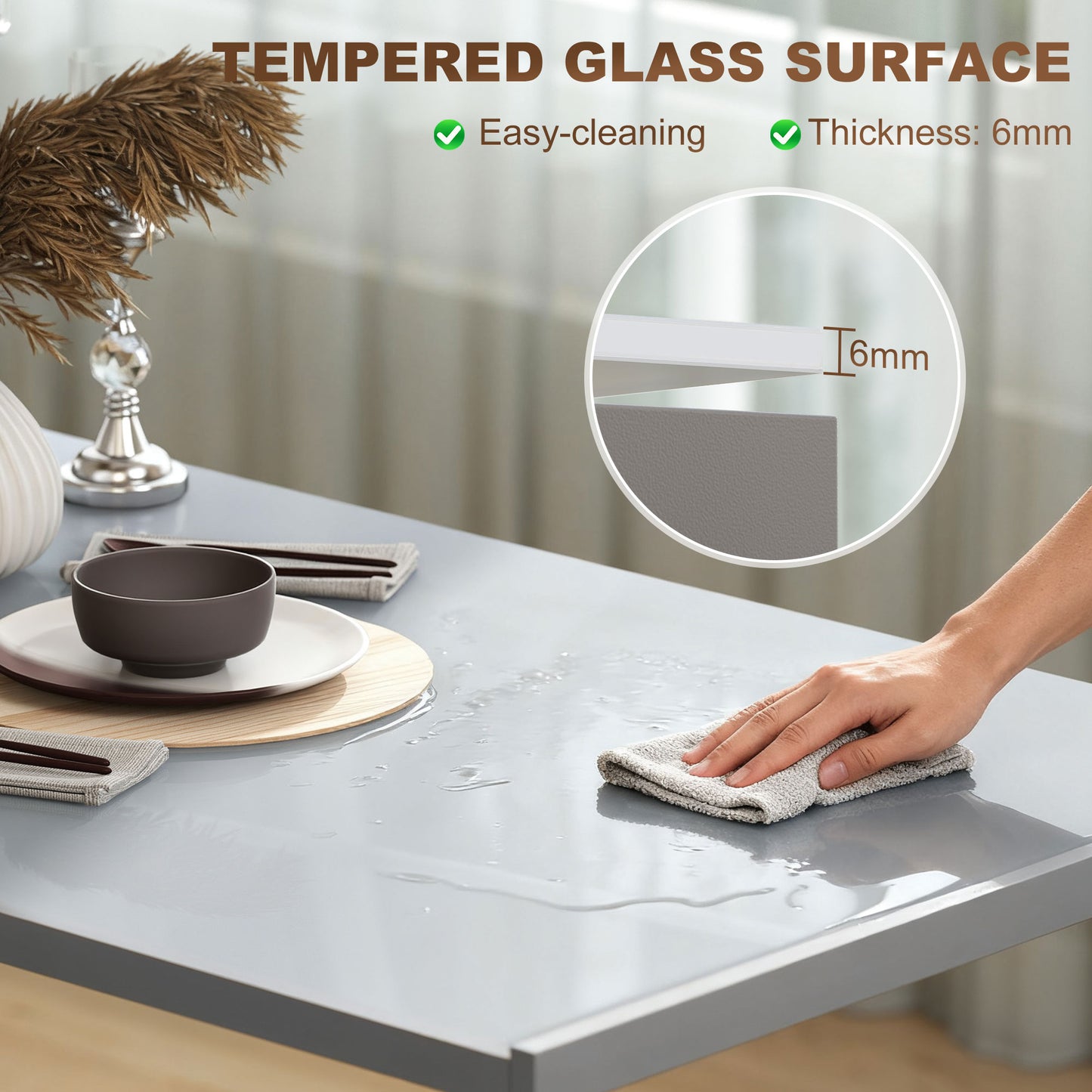 Modern Rectangular 4 Seater Dining Table with Tempered Glass Top