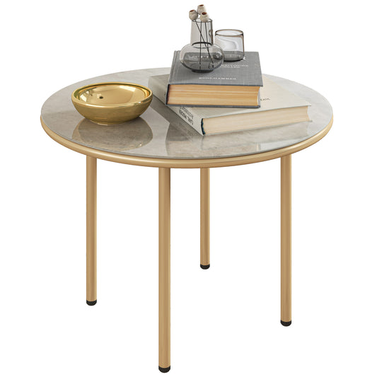 Round Small Garden Table with Faux Marble Glass Top, Beige