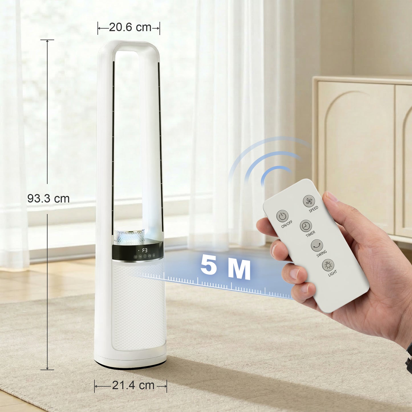 Bladeless Tower Fan with 45° Oscillating, LED Lights, 3 Speeds, White