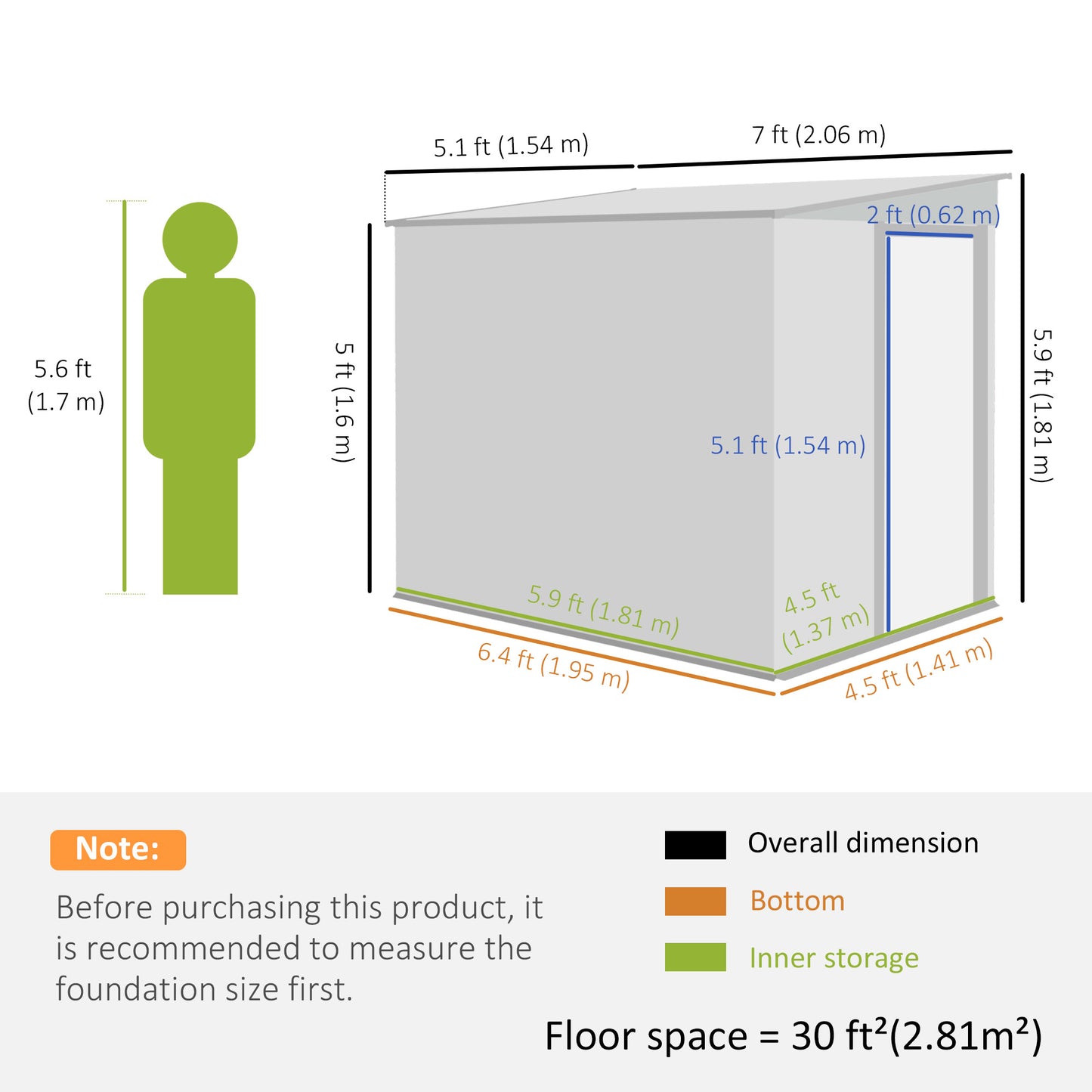 7 x 5FT Garden Shed w/ Foundation Lean to Metal Tool Shed Green