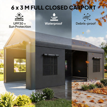 3 x 6 m Heavy Duty Carport, Outdoor Car Canopy Party Tent with Galvanised Frame, Roll-up Doors, Mesh Windows, Storage Shed Portable Garage for Car Truck Boat, Dark Grey