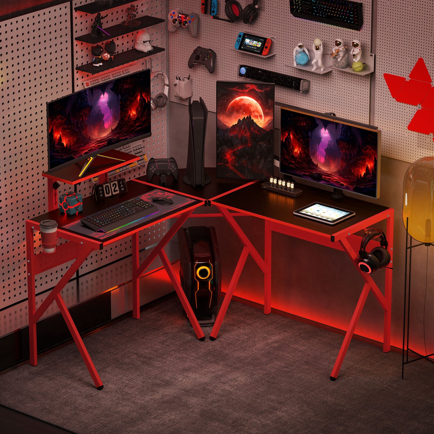 Corner Gaming Desk w/ Adjustable Monitor Stand Cup Holder Red