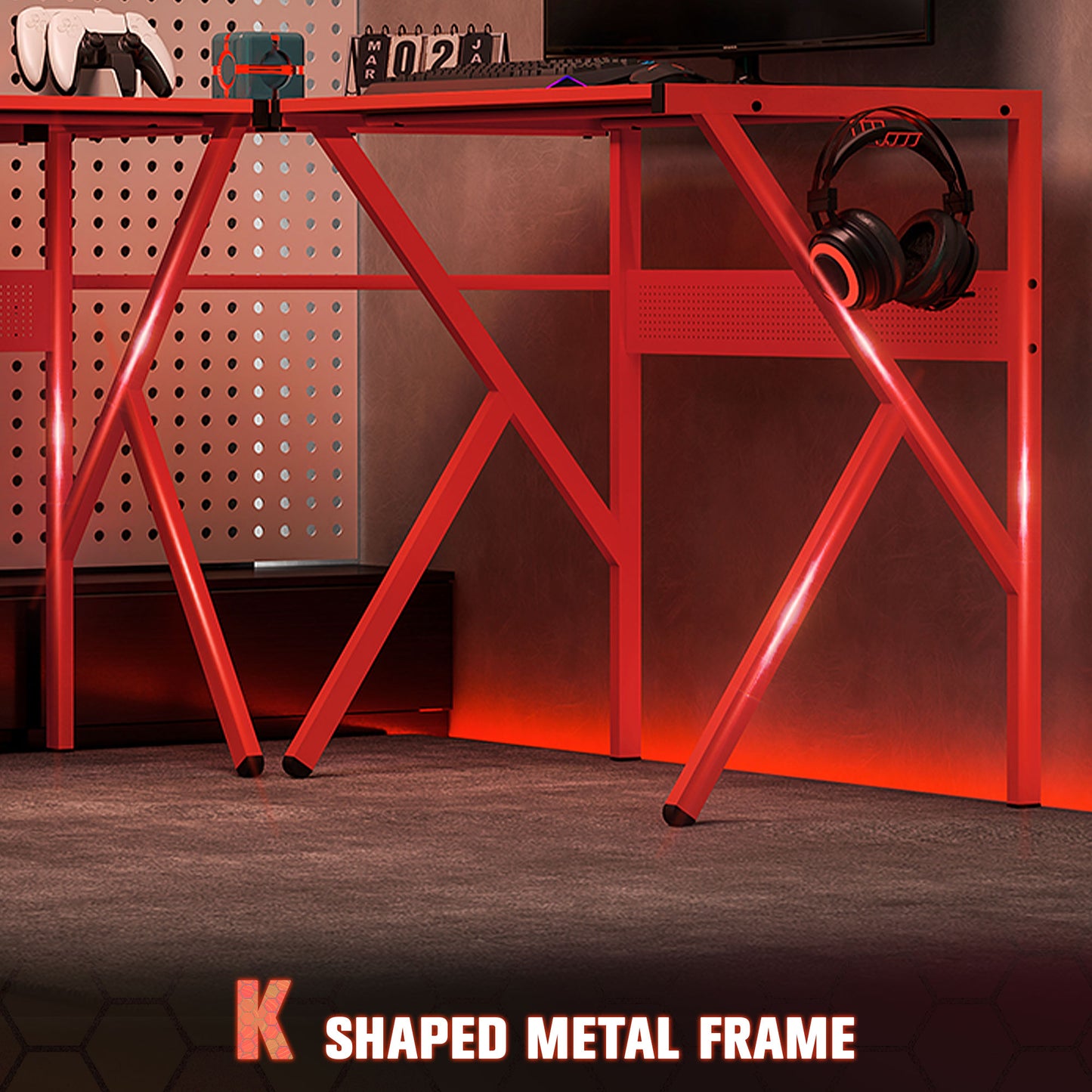 Corner Gaming Desk w/ Adjustable Monitor Stand Cup Holder Red