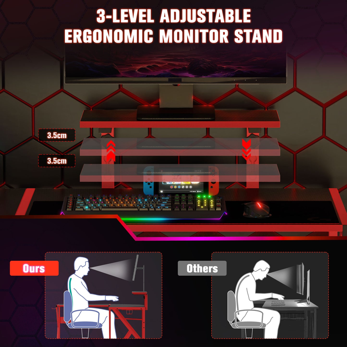 Corner Gaming Desk w/ Adjustable Monitor Stand Cup Holder Red