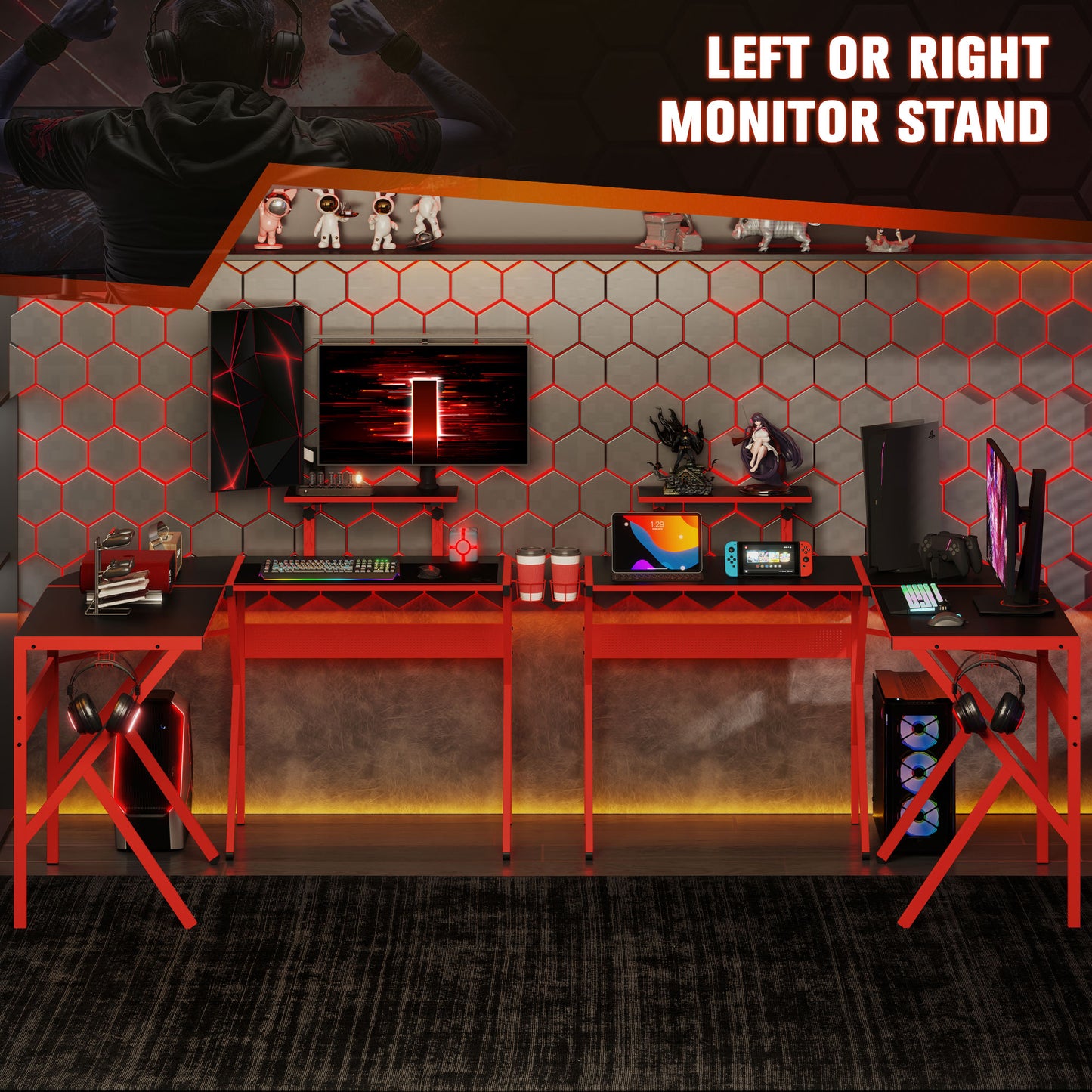 Corner Gaming Desk w/ Adjustable Monitor Stand Cup Holder Red