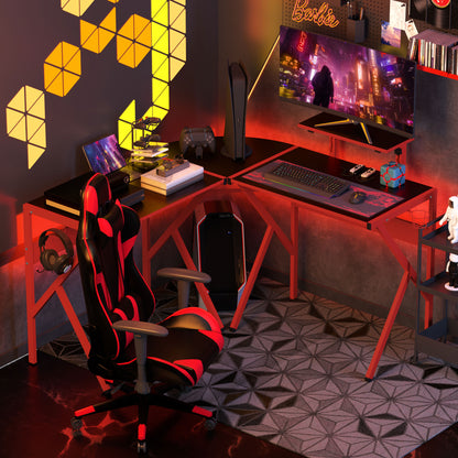 Corner Gaming Desk w/ Adjustable Monitor Stand Cup Holder Red