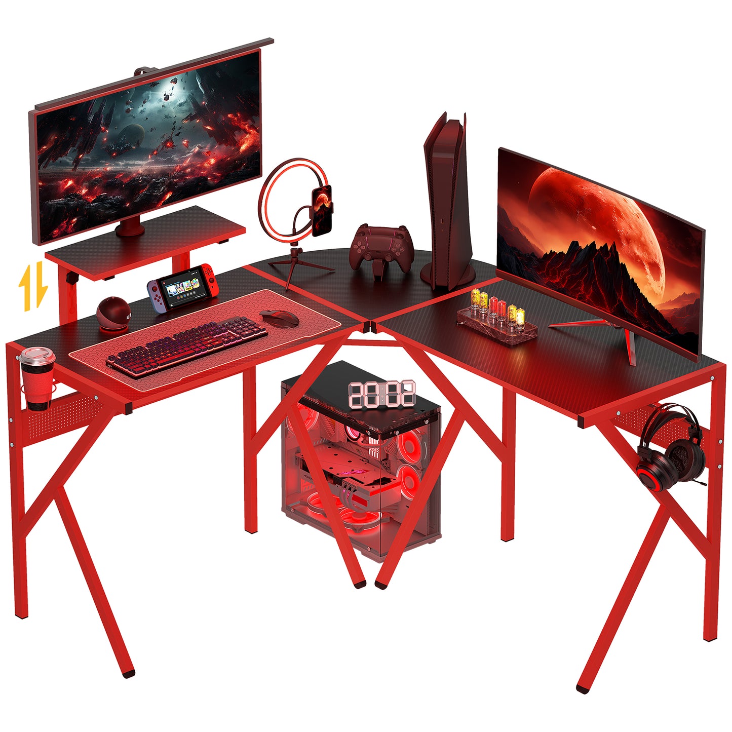 Corner Gaming Desk w/ Adjustable Monitor Stand Cup Holder Red