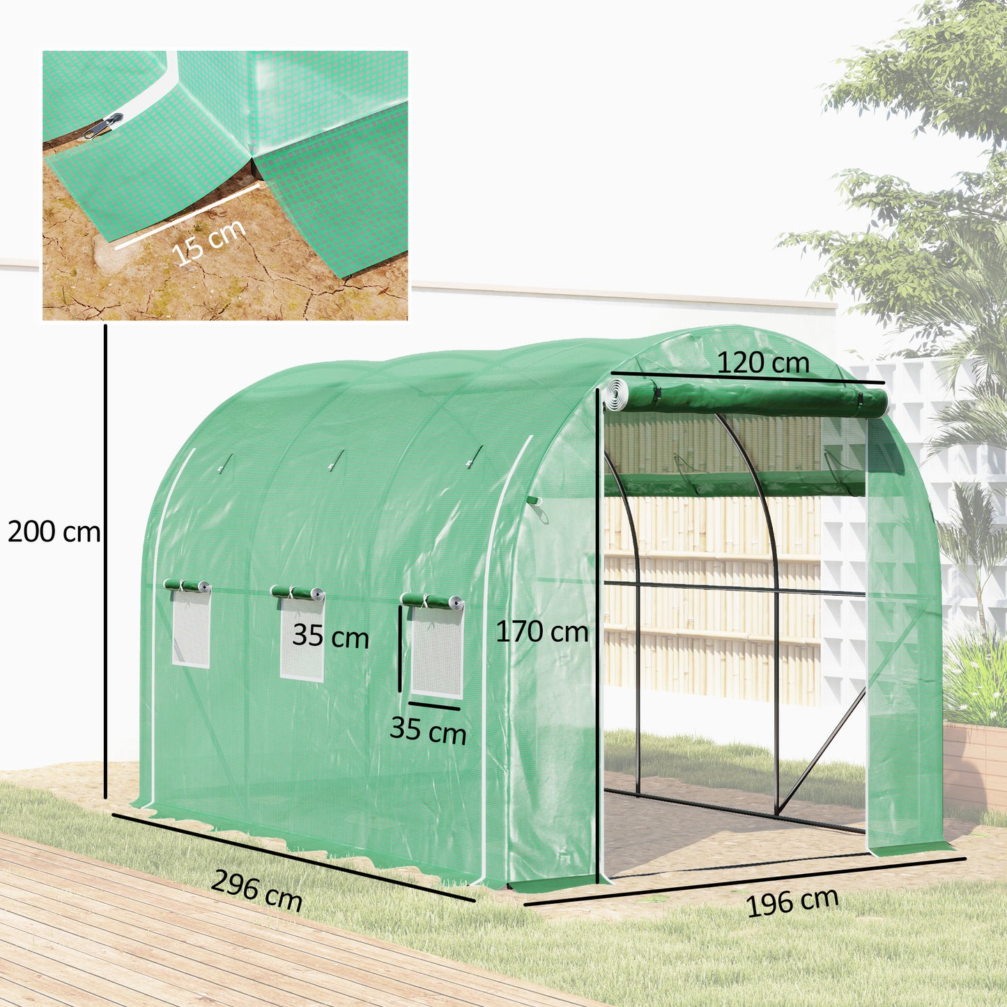 Polytunnel Greenhouse with PE Cover, Galvanised Steel Frame, Green