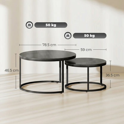 2 Pcs Stacking Coffee Table Set Steel Frame, Black Wood Grain
