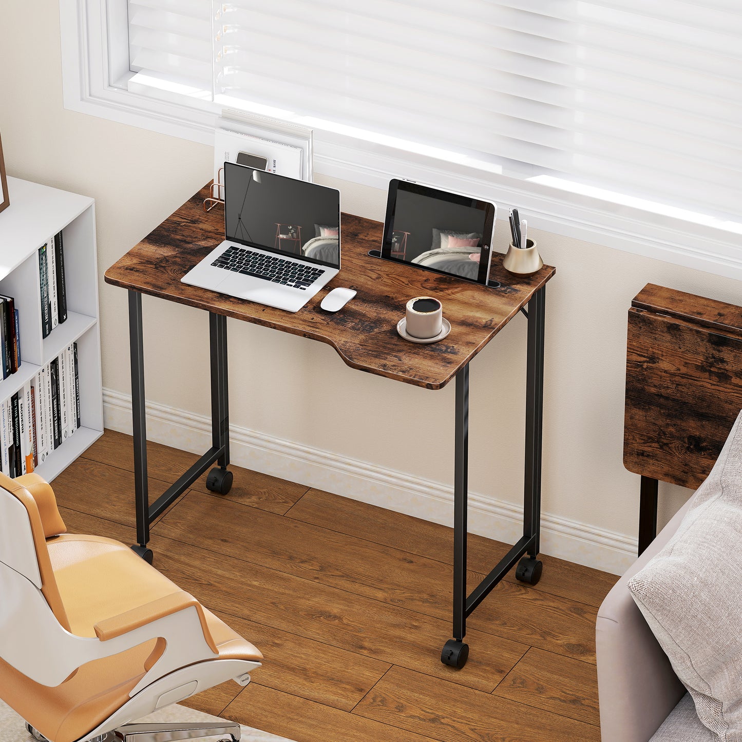 Small Writing Desk with Wheels, Folding Study Table, Rustic Brown