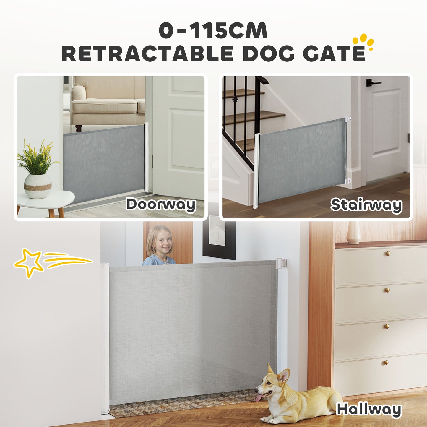 Retractable Pet Safety Gate, Folding Stair Barrier, Guard Door, Grey