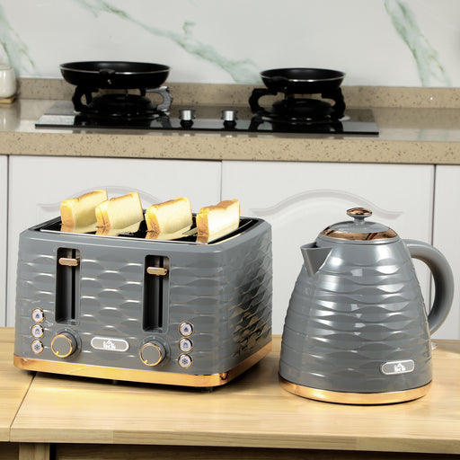 Kettle and Toaster Sets, 1600W 1.7L Rapid Boil Kettle & 4 Slice Toaster w/7 Browning Controls Defrost Reheat Crumb Tray Otter thermostat Grey