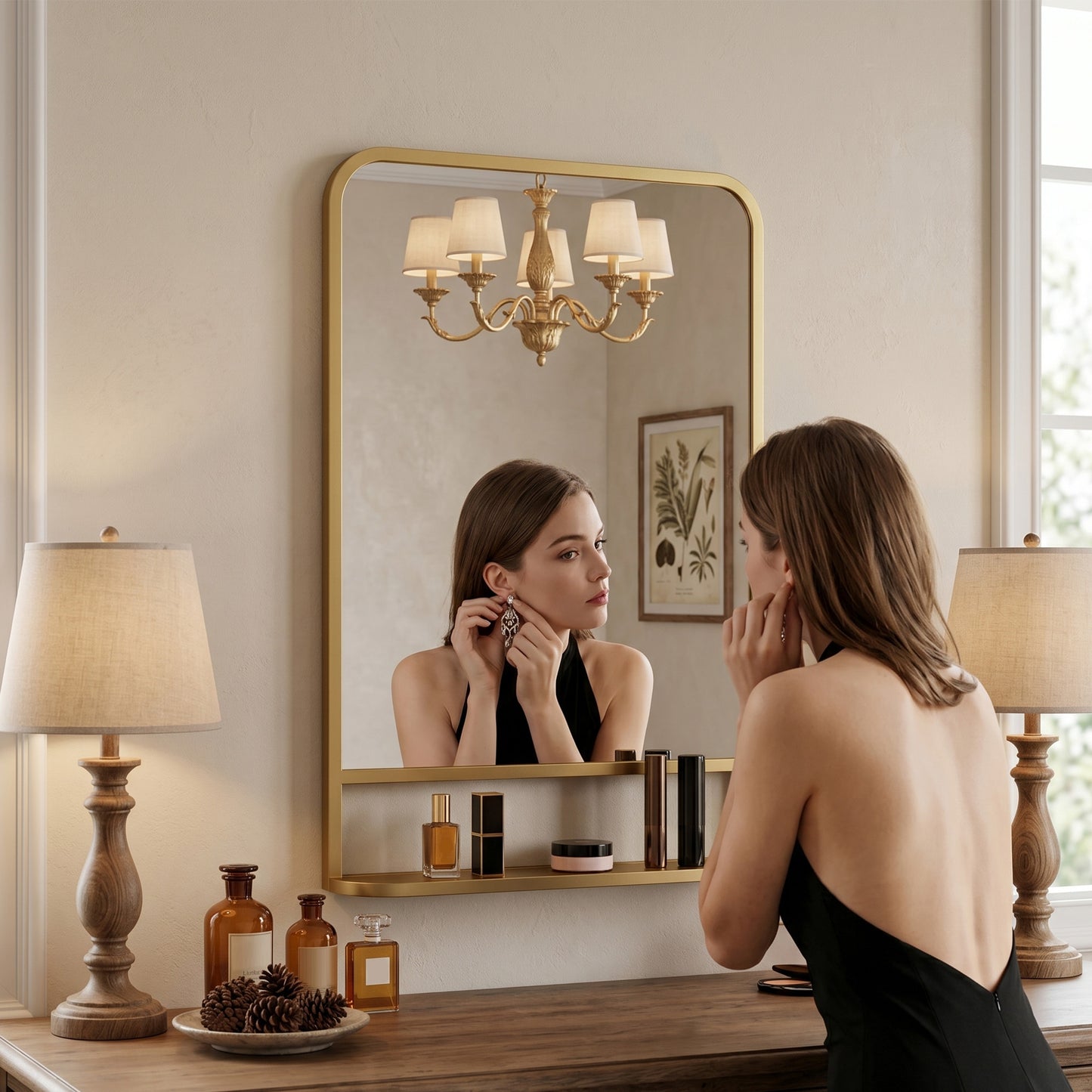 Modern Rectangular Wall Mirror with Storage Shelf, 70 x 50 cm Mirror for Living Room, Bedroom, Gold Tone