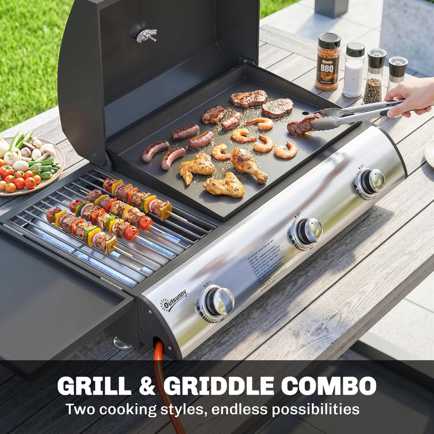 7.5 kW Portable Portable Gas Plancha BBQ Grill with 3 Burner, Black