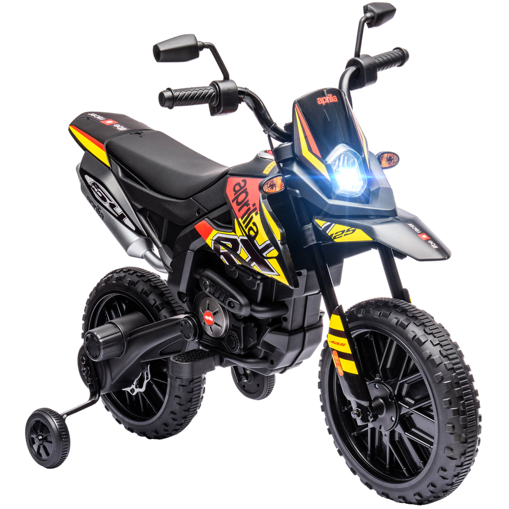 12V Kids Motorbike, Aprilia Licenced Kids Electric Motorbike with Training Wheels, Spring Suspension, LED Light, Music, USB, Kids Electric Bike for Boys Girls, Yellow