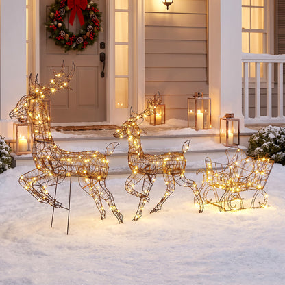 3-Piece Christmas Lighted Reindeer and Sleigh Set for Outdoor