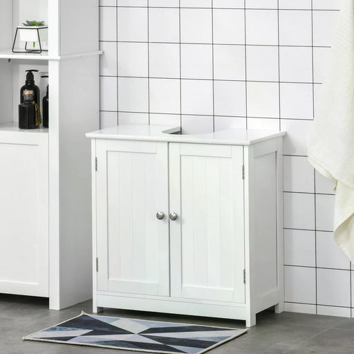 Kleankin 60x60cm Under Sink Storage w/ Adjustable Shelf Handles Drain Hole Bathroom Cabinet Space Saver Organizer White