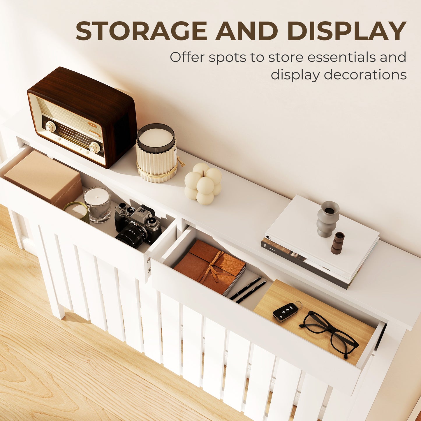 Large Radiator Cover with Drawers and Vertical Slats 119 x 19 x 93cm