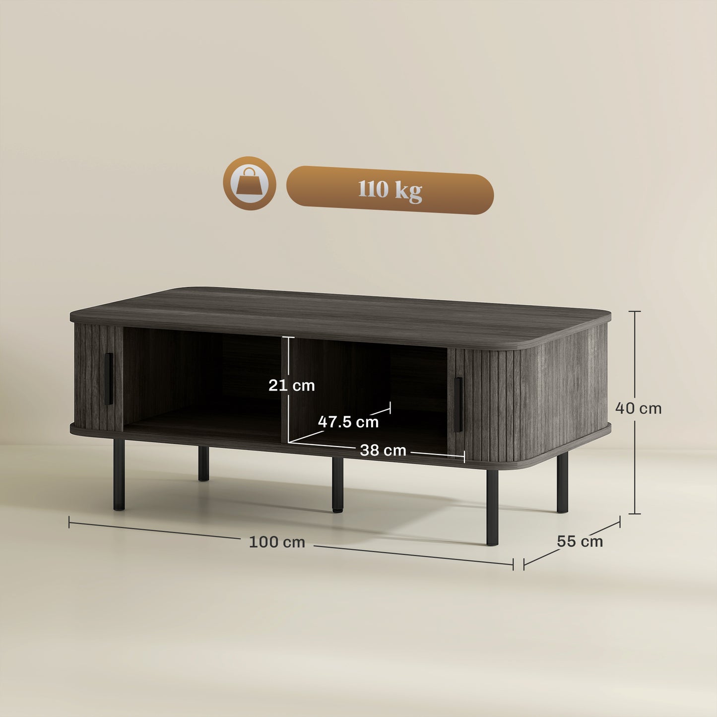 Coffee Table with Storage and Sliding Doors for Living Room, Grey