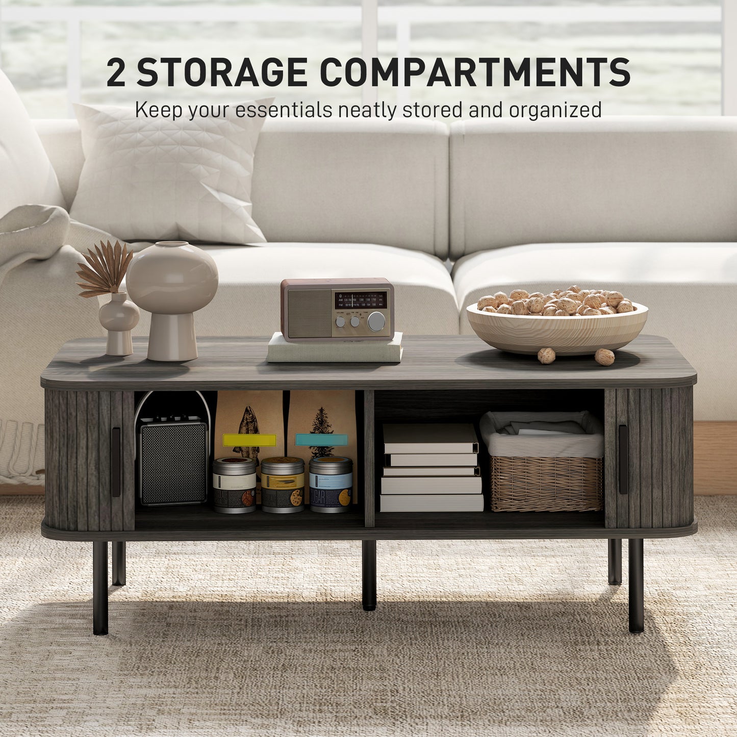 Coffee Table with Storage and Sliding Doors for Living Room, Grey