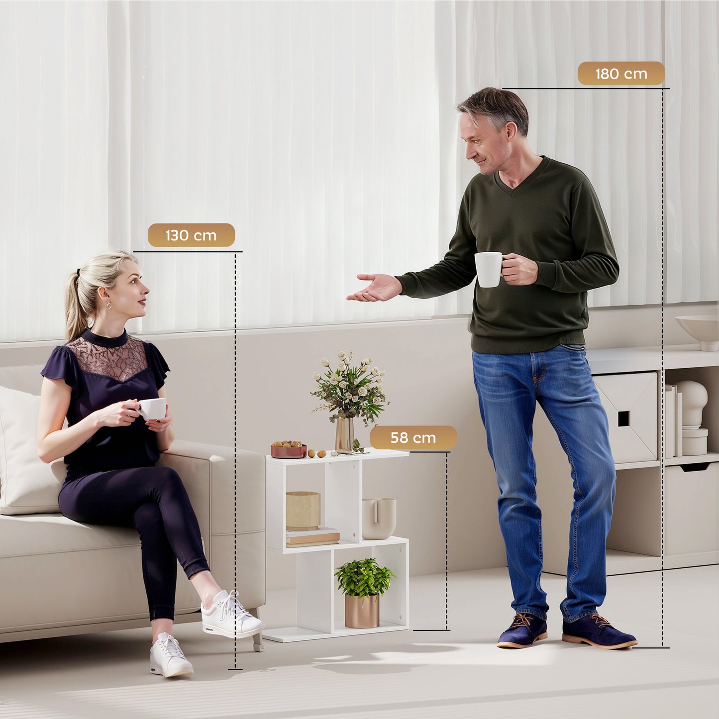 Side Table, Narrow End Table with Storage Shelves, White