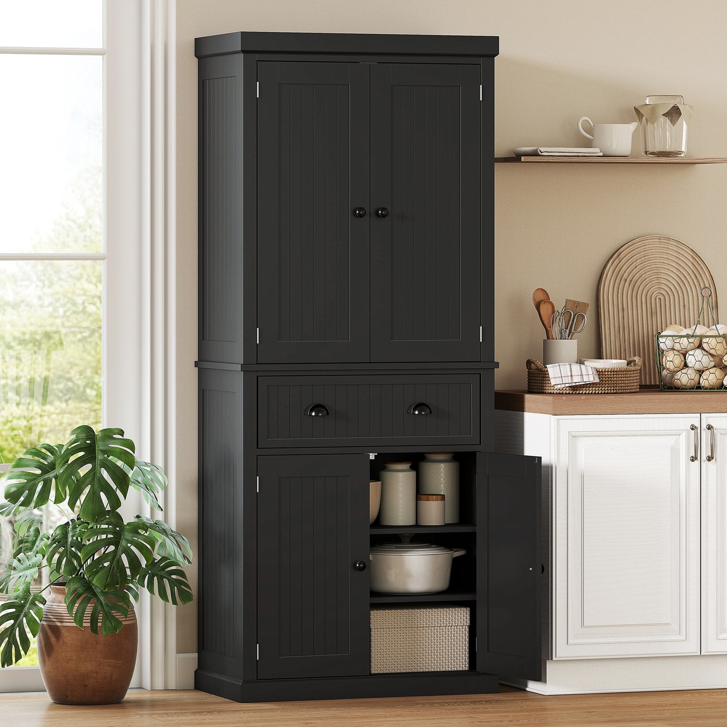 183 cm Tall Kitchen Cabinet, Freestanding Storage Cabinet with 4 Doors, Drawer and Adjustable Shelves, Kitchen Cupboard for Dining Room, Black