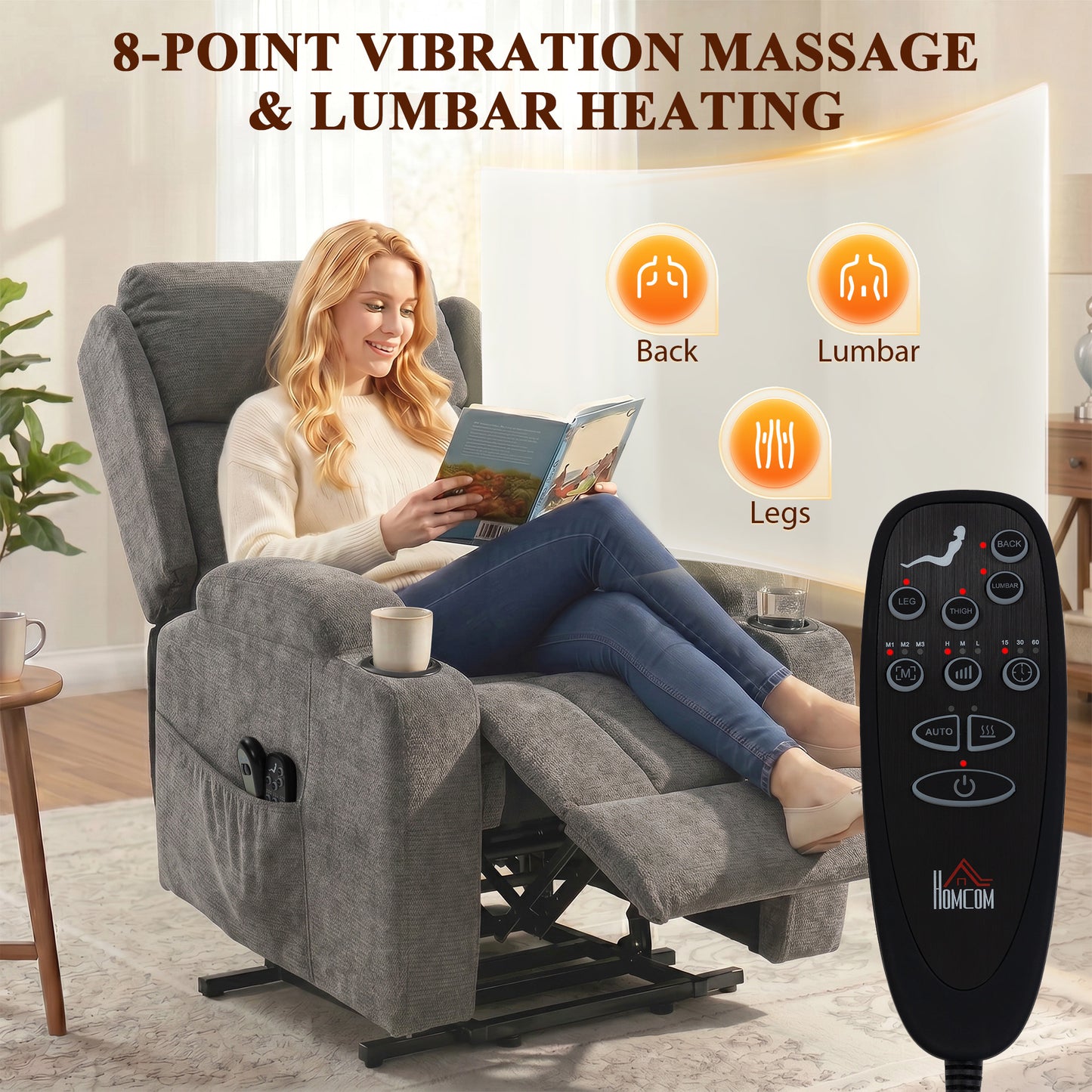 Power Lift Recliner Chair with Vibration Massage and Heat, Chenille Riser and Recliner Armchair for Elderly with Folding Headrest, Spring Cushion, Wide and High Back, Cup Holders, Remote, Grey