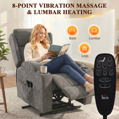 Power Lift Recliner Chair with Vibration Massage and Heat, Chenille Riser and Recliner Armchair for Elderly with Folding Headrest, Spring Cushion, Wide and High Back, Cup Holders, Remote, Grey