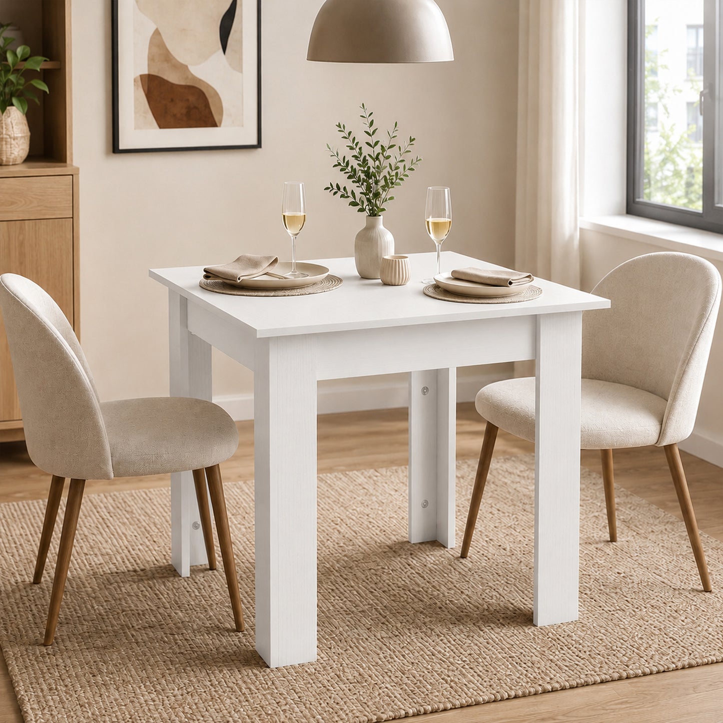 Square Dining Table, Kitchen Table with White Wood Effect