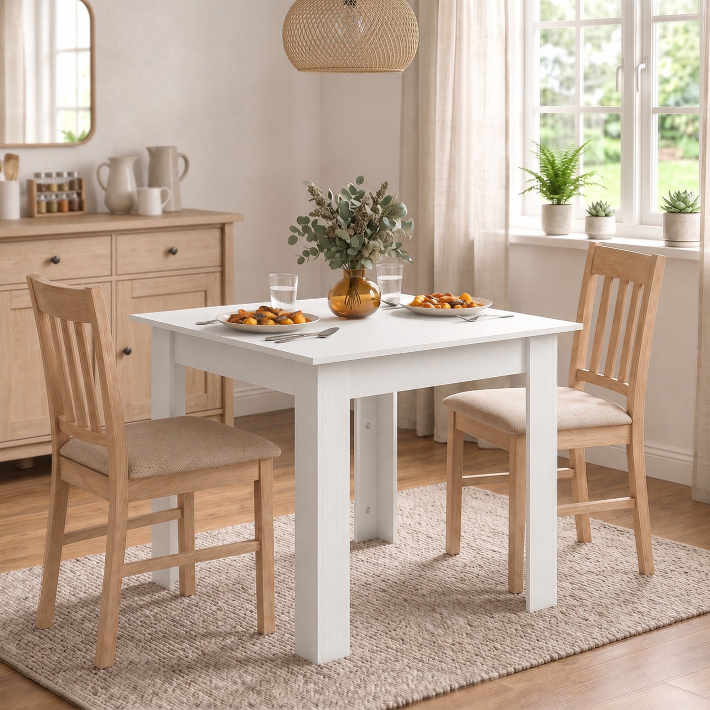 Square Dining Table, Kitchen Table with White Wood Effect