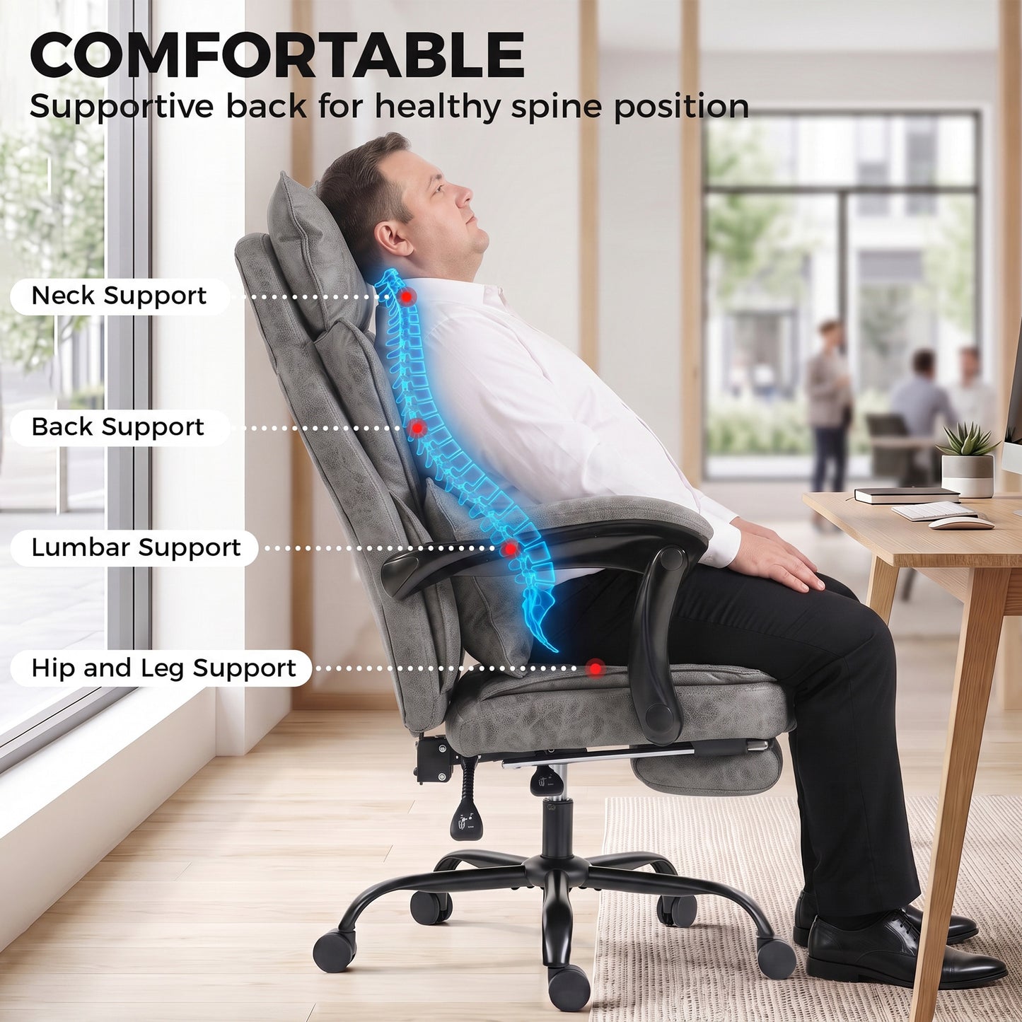 Big and Tall Office Chair with Lumbar Support, Grey