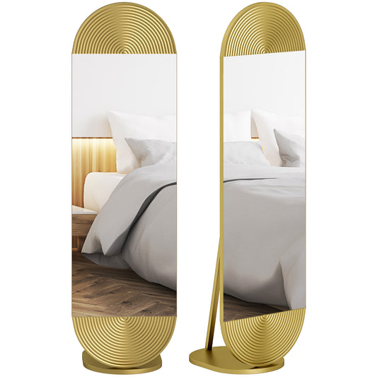 Wavy Full Length Mirror with Metal Frame and Base, Gold Tone