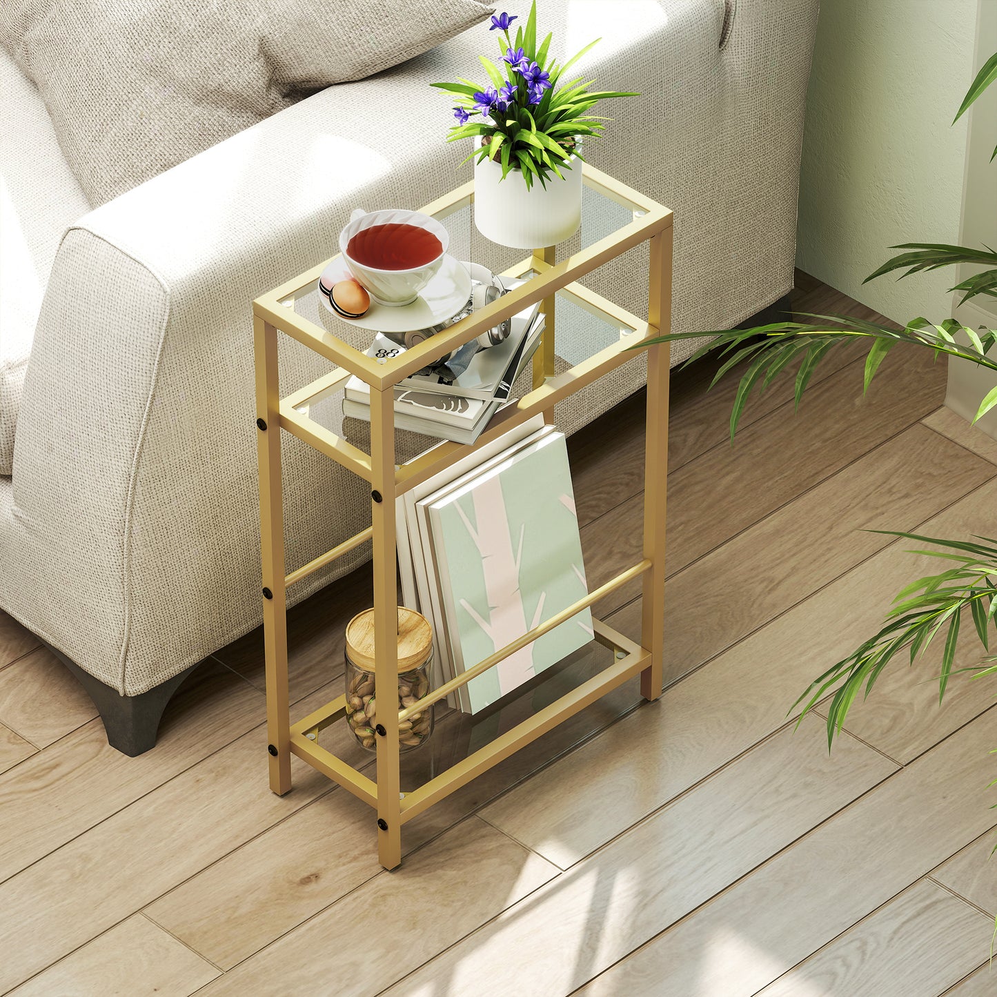 Slim Side Table, End Table with Tempered Glass Tabletop, Gold
