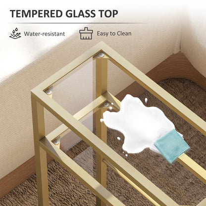 Slim Side Table, End Table with Tempered Glass Tabletop, Gold