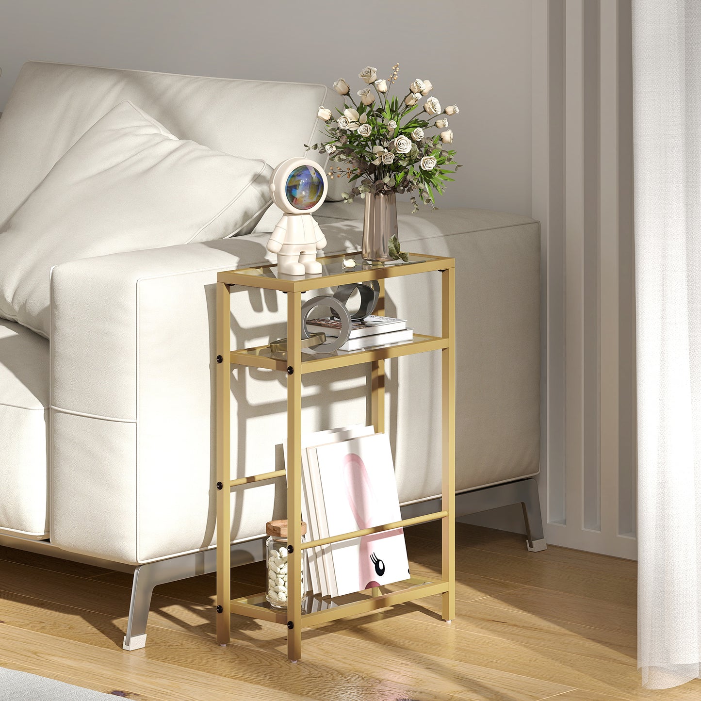 Slim Side Table, End Table with Tempered Glass Tabletop, Gold