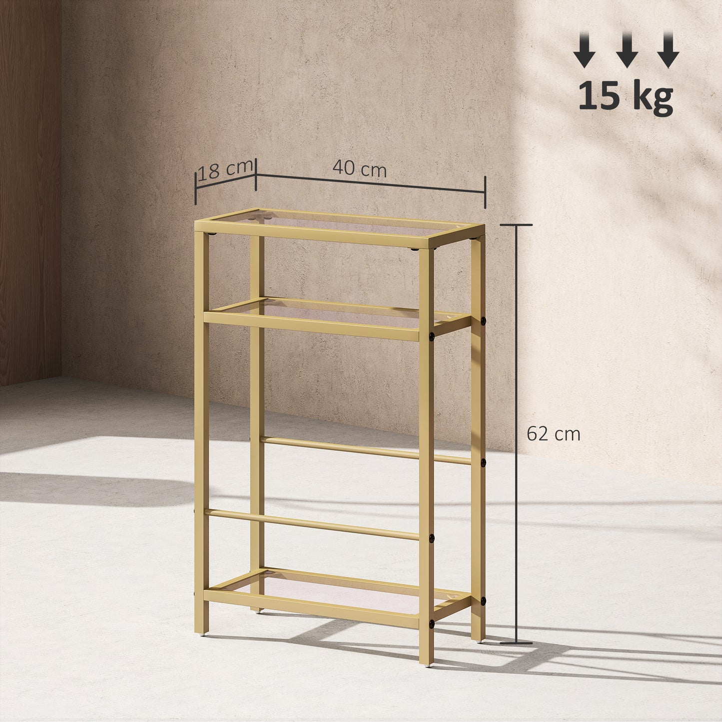 Slim Side Table, End Table with Tempered Glass Tabletop, Gold