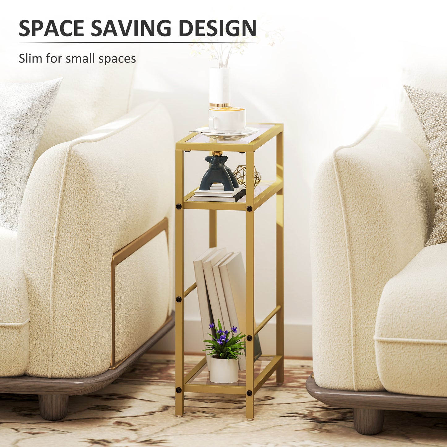 Slim Side Table, End Table with Tempered Glass Tabletop, Gold