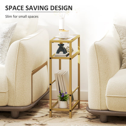 Slim Side Table, End Table with Tempered Glass Tabletop, Gold