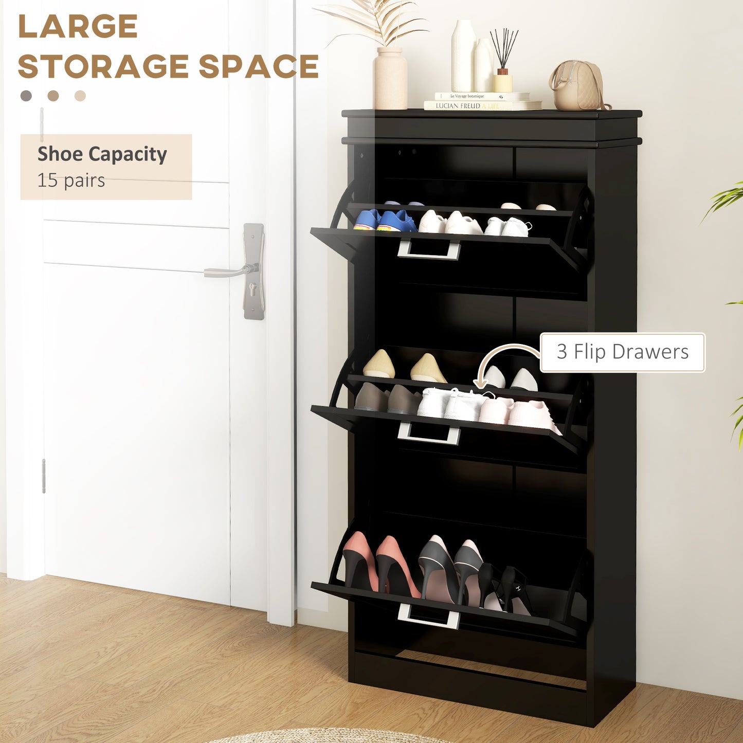 Slim Shoe Storage Cabinet with 3 Flip Drawers for Entryway, Black