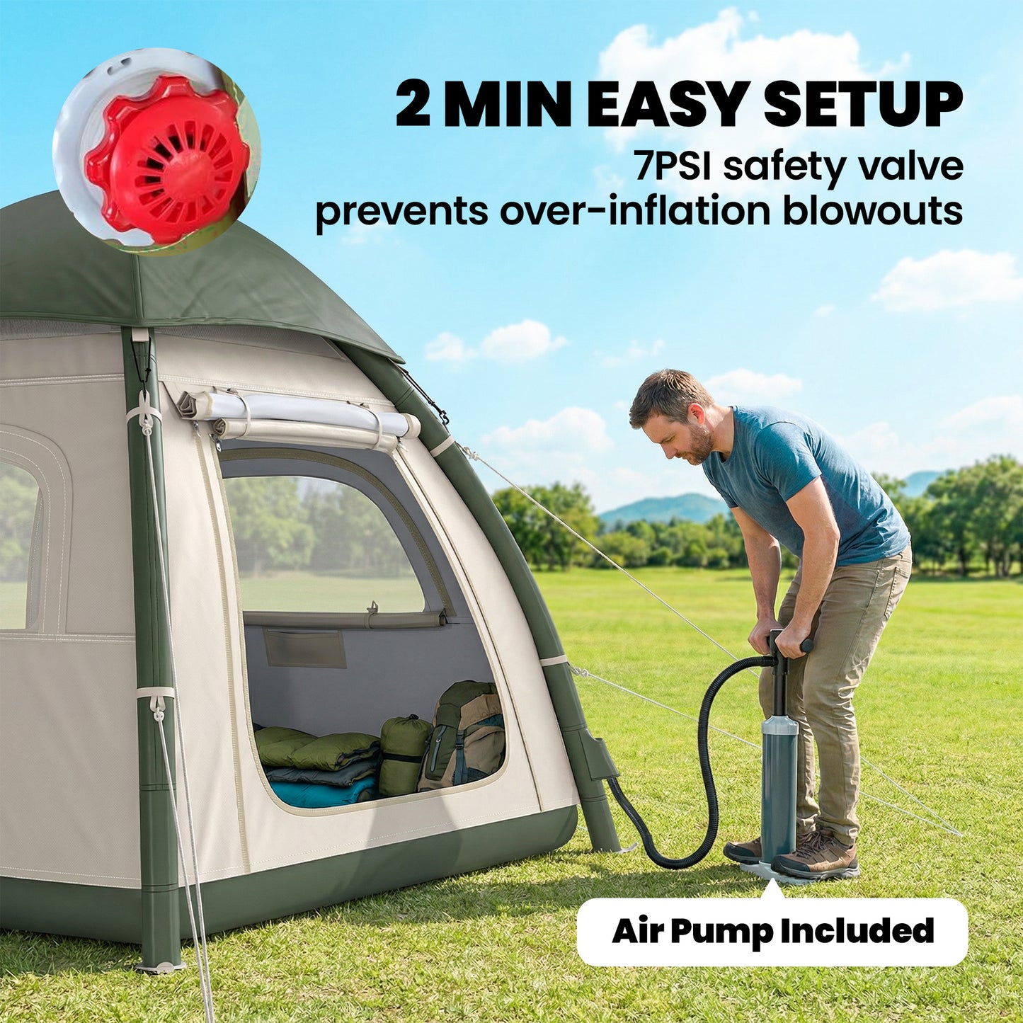 3 Man Inflatable Camping Tent w/ 3000mm Waterproof Rainfly, Beige