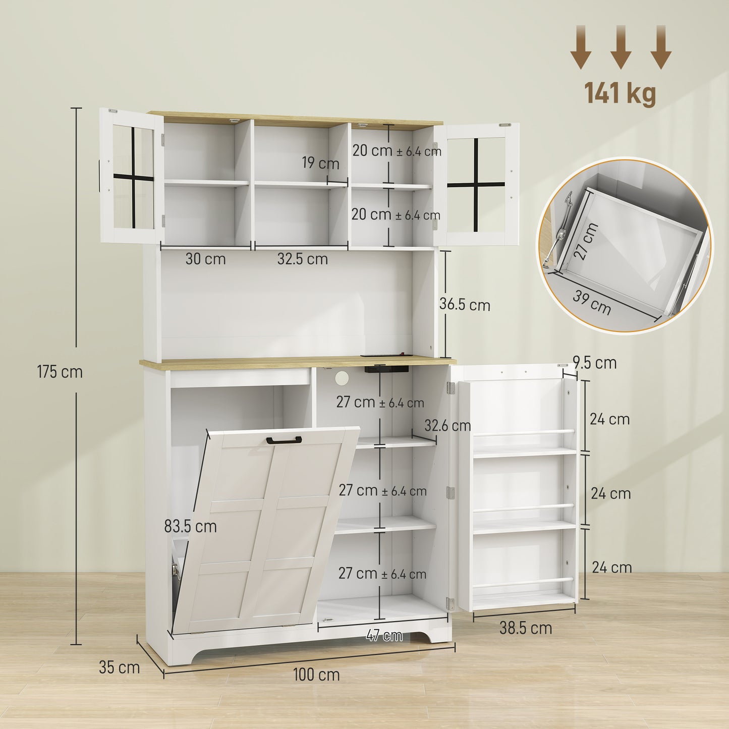 175cm Tall Kitchen Cabinet with Rubbish Bin, White